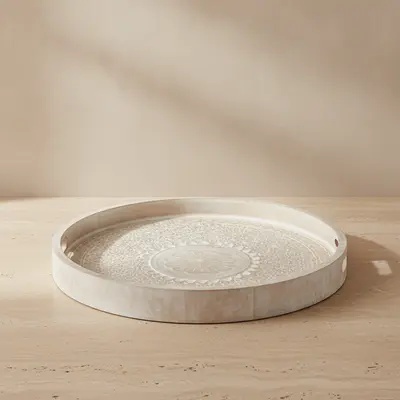 TH Baskılı Natural Yuvarlak Tepsi Büyük