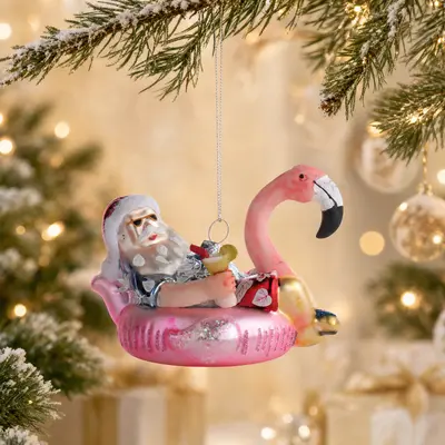 TH Noel Baba Flamingo Pembe Figür Ağaç Süsü